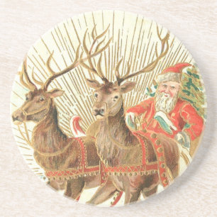 Posavasos Tarjeta Postal de Navidad Vintage, Santa con Reno