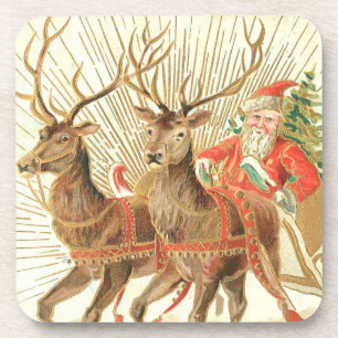 Posavasos Tarjeta Postal de Navidad Vintage, Santa con Reno