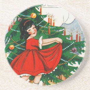 Posavasos Tarjeta postal retro de Navidad, niño y árbol de N