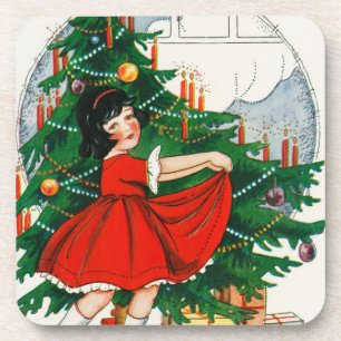 Posavasos Tarjeta postal retro de Navidad, niño y árbol de N