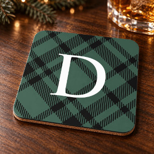 Posavasos Tartan Plaid Verde Cazador Monograma Inicial Perso