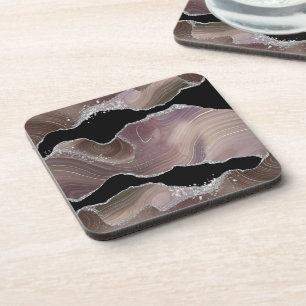Posavasos Taupe Moderno y Agata Negra con Brillo de Plata