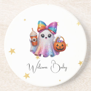 Posavasos Taza de café con fantasma y lazo de purpurina para