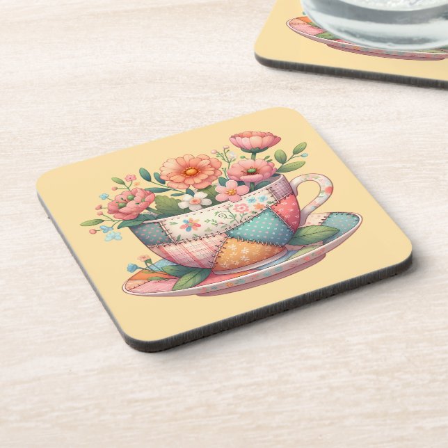 Posavasos Taza de té de patchwork con flores caprichosas (Lado Izquierdo)