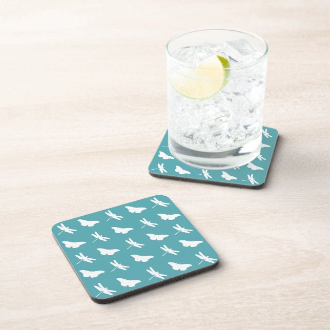 Posavasos Teal and White Butterfly and Dragonfly Pattern (Lado Derecho)