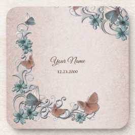 Posavasos Teal Silver Floral Copper Butterfly Tan Wedding