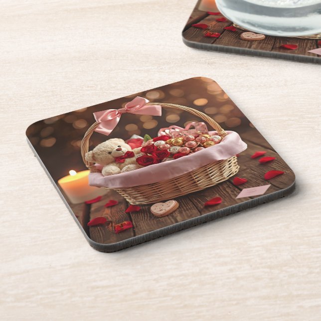 Posavasos Teddy Rose Basket Romantic Valentine Heart Drink (Lado Izquierdo)