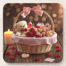 Teddy Rose Basket Romantic Valentine Heart Drink