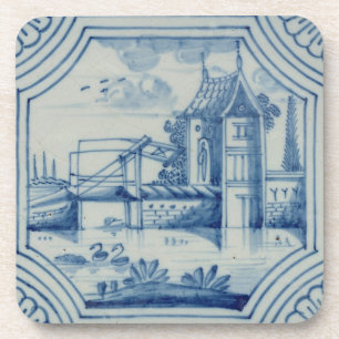 Posavasos Teja de Delft que muestra un puente levadizo sobre