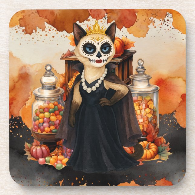 Posavasos Temática de Halloween para amantes de gatos con du (Frente)