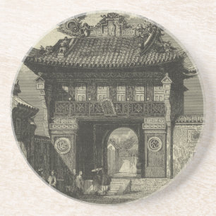 Posavasos Templo imperial asiático en blanco y negro