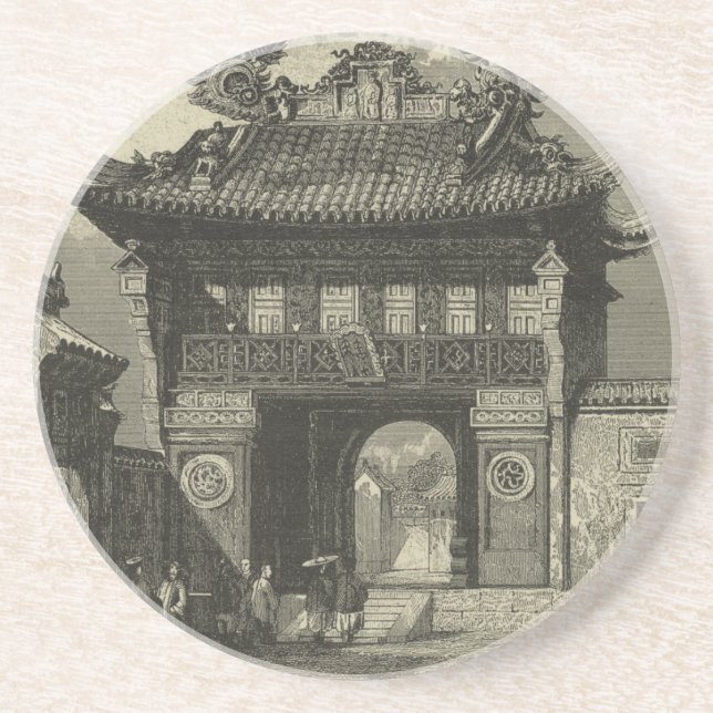 Posavasos Templo imperial asiático en blanco y negro (Frente)