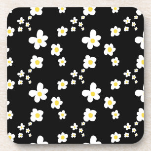 Posavasos Tendencia de patrón de margarita negro amarillo bl