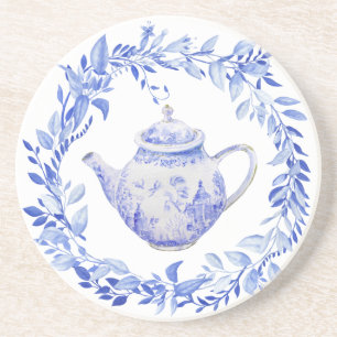 Posavasos Tetera azul y blanca con corona de flores