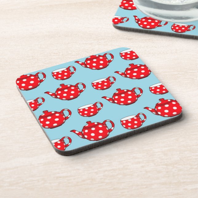 Posavasos Tetera roja parca y patrón azul cúbico (Lado Izquierdo)