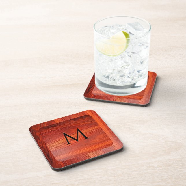 Posavasos Textura de madera de cerezo con monograma personal (Lado Derecho)