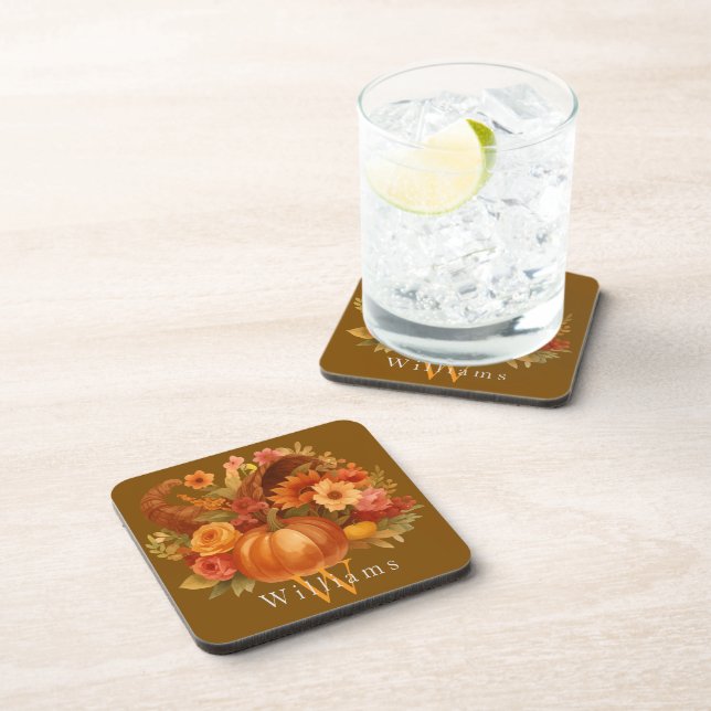 Posavasos Thanksgiving Cornucopia Monogram (Lado Derecho)