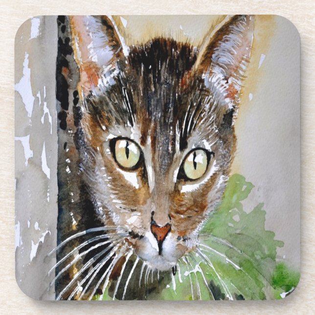 Posavasos The Curious Tabby Cat Acrylic Painting (Frente)