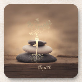 Posavasos Therapist Zen Stones, Gold Tree Silhouette Brown