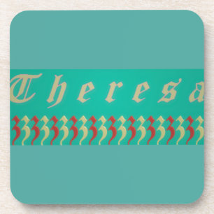 Posavasos Theresa Diseño de nombre gráfico aqua azul y rojo