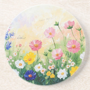 Posavasos Tiempo de verano. Flores coloridas. Arte. Arenisca