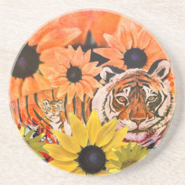 Posavasos Tigre, cachorro, flores y colores Naranjas