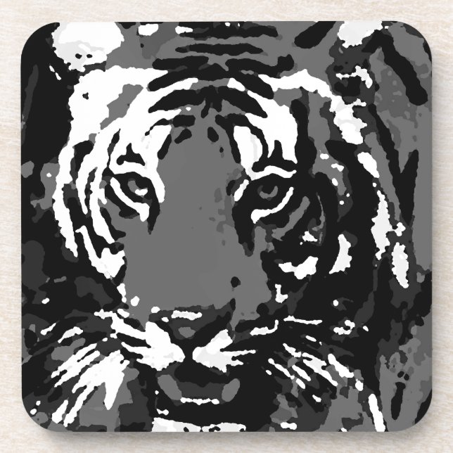 Posavasos Tigre de arte pop blanco negro (Frente)