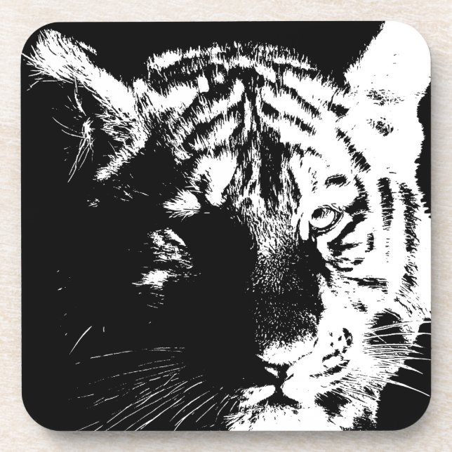 Posavasos Tigre de arte pop blanco y negro (Frente)