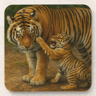 Posavasos Tigre tenso - padre y cachorro en bosque
