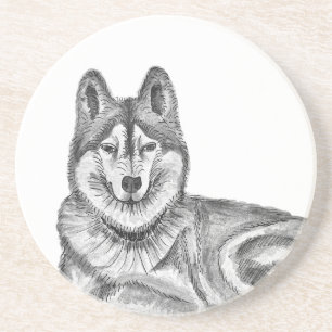 Posavasos Tinta negra y blanca y husky siberiano de acuarela