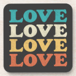 Posavasos Tipo de repetición afectuosa retro de amor de los<br><div class="desc">Estilo de los años 70 AMAR la tipografía en un diseño repetido angustiado en colores retro. El negro se añade al fondo,  pero se puede cambiar al blanco o elegir el color.</div>