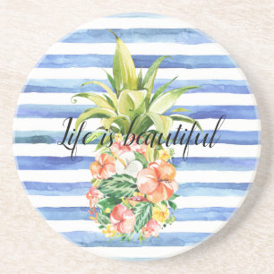 Posavasos Tiras azules blancas tropicales piña floral