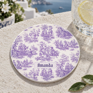 Posavasos Toile de Jouy monograma floral púrpura vintage