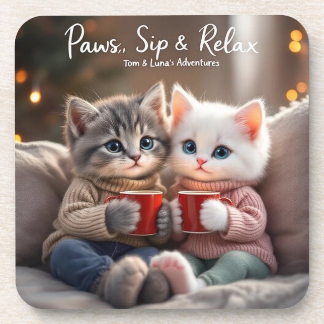 Posavasos Tom & Luna’s Adventures™ – “Paws, Sip & Relax” Coa (Frente)