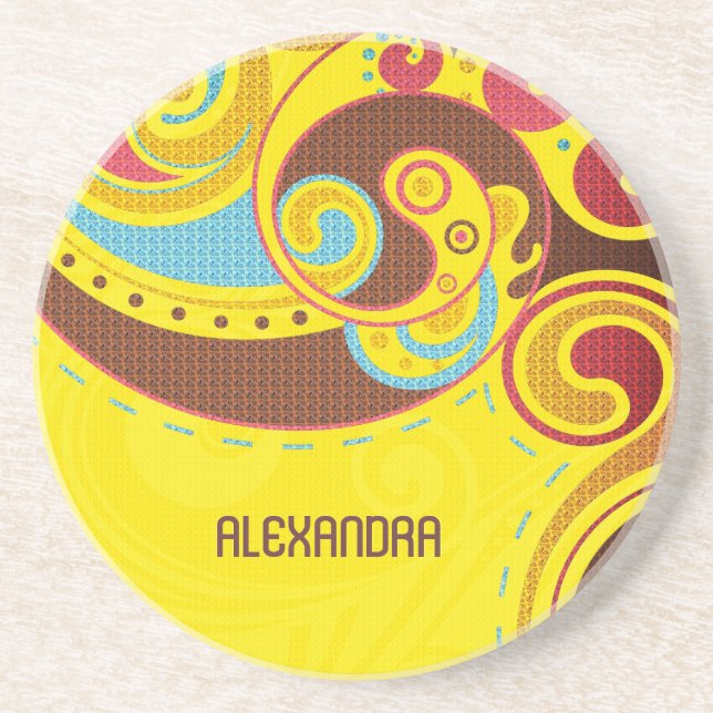 Posavasos Tonos cálidos y amarillos Resumen Swirls-Monograma (Frente)