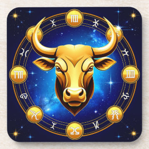 Posavasos Toro Tauro Dorado en Círculo Zodiacal Cósmico