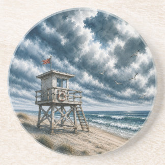 Posavasos Torre de salvavidas de acuarela en playa costera