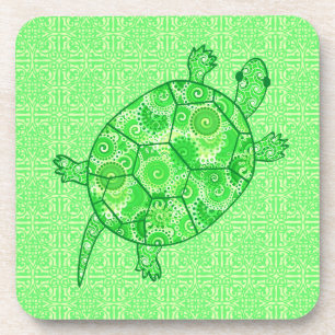 Posavasos Tortuga giratoria fractal - cal y verde esmeralda