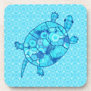 Posavasos Tortuga giratoria fractal - cobalto y azul turques