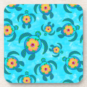 Posavasos Tortugas de mar de Honu azules Hibiscus Flowers