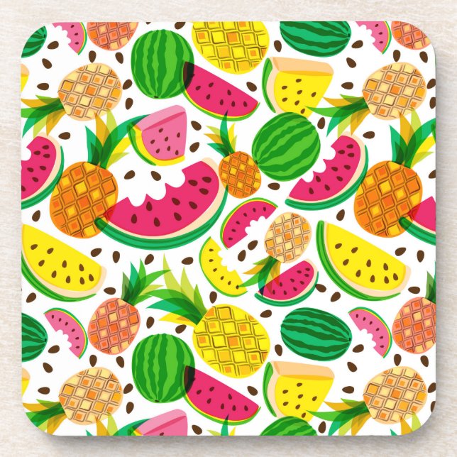 Posavasos Trama de frutas tropicales rojas y amarillas (Frente)