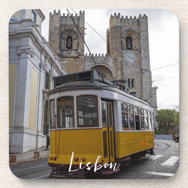 Posavasos Tranvía amarillo en la Catedral de Lisboa en Portu (Frente)