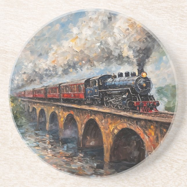 Posavasos Tren de vapor en un puente - pintura al petróleo (Frente)