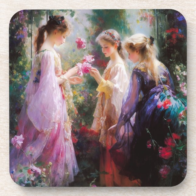 Posavasos Tres chicas jugando en el jardín (Frente)