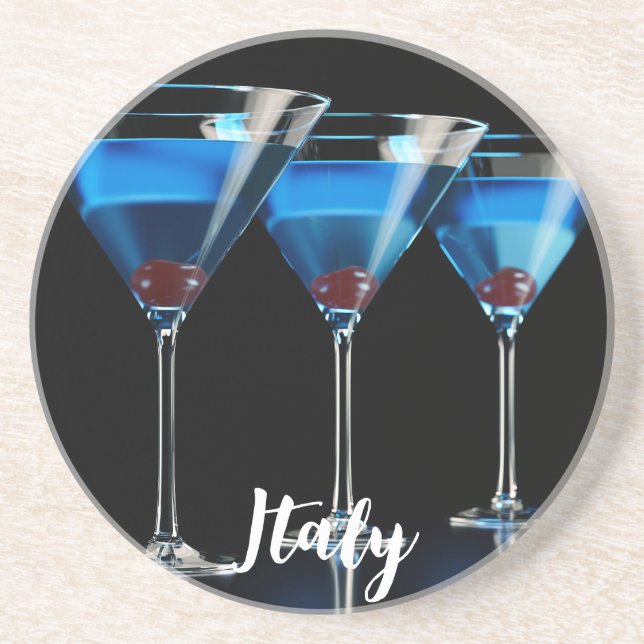 Posavasos Tres cócteles azules con cereza en negro (Frente)