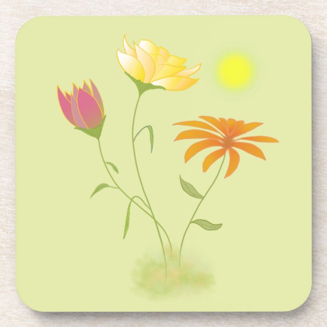 Posavasos Tres flores en el sol - transparente. (Frente)