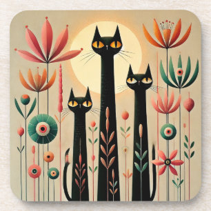 Posavasos Tres Gatos Negros en Medio de Vibrante Decoración 