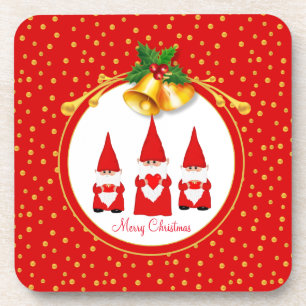 Posavasos Tres Gnomos de Navidad y confeti dorado sobre rojo