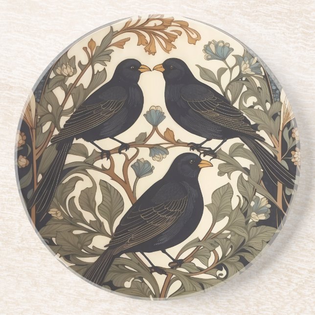 Posavasos Tres pájaros negros inspirados por William Morris (Frente)