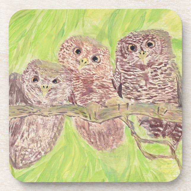 Posavasos Tres pequeñas lechuzas de cobardía - pintura acríl (Frente)